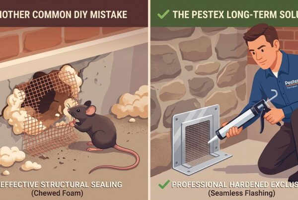 A side-by-side illustration comparing a DIY rodent control mistake, showing a rat easily chewing through expanding foam and flimsy wire mesh, with the long-term Pestex solution, featuring a technician professionally sealing a sturdy metal vent cover over the foundation gap