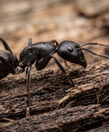 A close-up of a large, shiny black ant walking across a piece of rough, weathered wood. The macro shot highlights the ant's prominent antennae, segmented body, and tiny hairs against a smoothly blurred brown background.