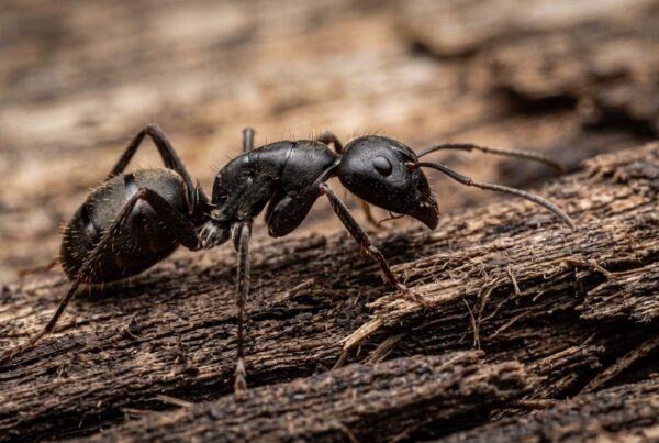 A close-up of a large, shiny black ant walking across a piece of rough, weathered wood. The macro shot highlights the ant's prominent antennae, segmented body, and tiny hairs against a smoothly blurred brown background.