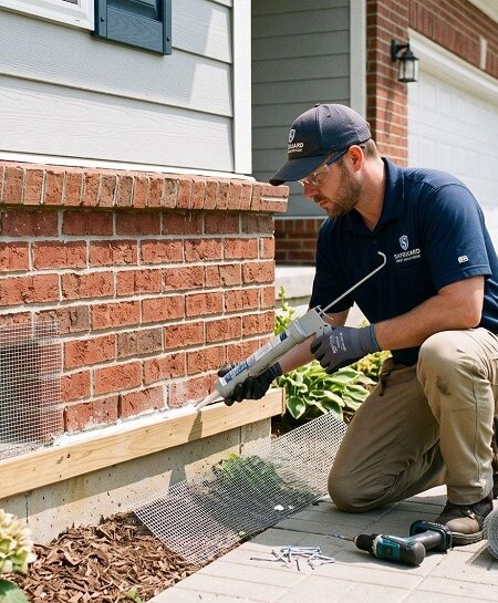 A pest control technician wearing safety glasses and gloves kneels next to a brick home's foundation, using a caulking gun to seal a wire mesh screen over a vent opening. A company truck and various tools, including a drill and extra mesh, are visible nearby