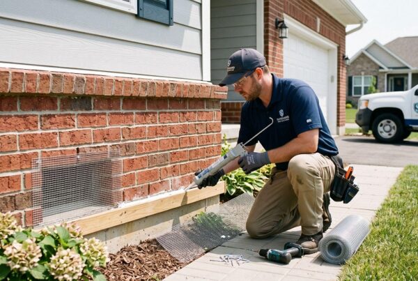 A pest control technician wearing safety glasses and gloves kneels next to a brick home's foundation, using a caulking gun to seal a wire mesh screen over a vent opening. A company truck and various tools, including a drill and extra mesh, are visible nearby