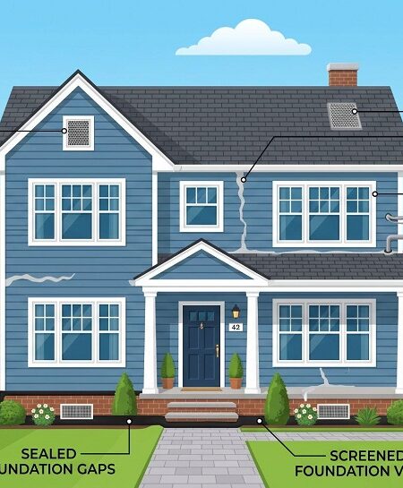 An illustration of a blue two-story house demonstrating structural pest proofing techniques. Labels point to various areas of the home, including a secure attic vent, filled and sealed cracks on walls and foundation, sealed windows and casings, sealed utility penetrations, sealed foundation gaps, and screened foundation vents.