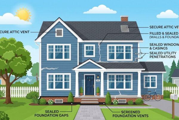 An illustration of a blue two-story house demonstrating structural pest proofing techniques. Labels point to various areas of the home, including a secure attic vent, filled and sealed cracks on walls and foundation, sealed windows and casings, sealed utility penetrations, sealed foundation gaps, and screened foundation vents.